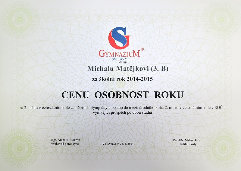 M. Matějka osobností roku 2014-2015 (školní ocenění)