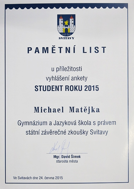 M. Matějka získal ocenění Student města Svitavy ve školním roce 2014-2015