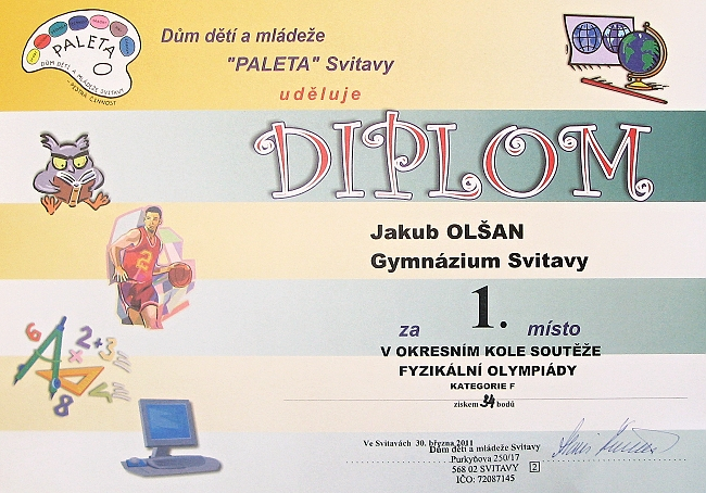 Diplom J. Olšána z vítězství ve fyzikální olympiádě.