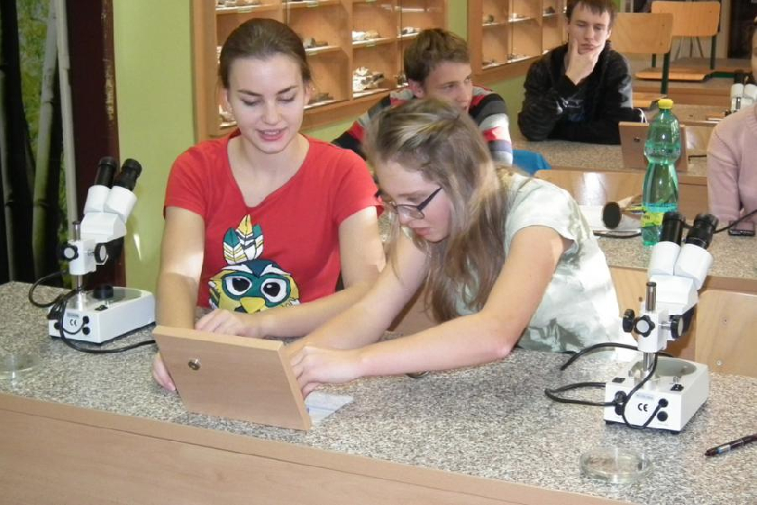 ZÃ¡stupkynÄ› naÅ¡Ã­ Å¡koly J.MÃ¡rovÃ¡ (IV.B) a N.CÃ­saÅ™ovÃ¡ (sexta A) pÅ™i laboratornÃ­ch Äinnostech s bezobratlÃ½mi naÅ¡ich vod.